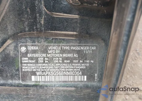 2011 BMW 328I xDrive z USA, uszkodzony, nr VIN WBAPK5G56BNN80364